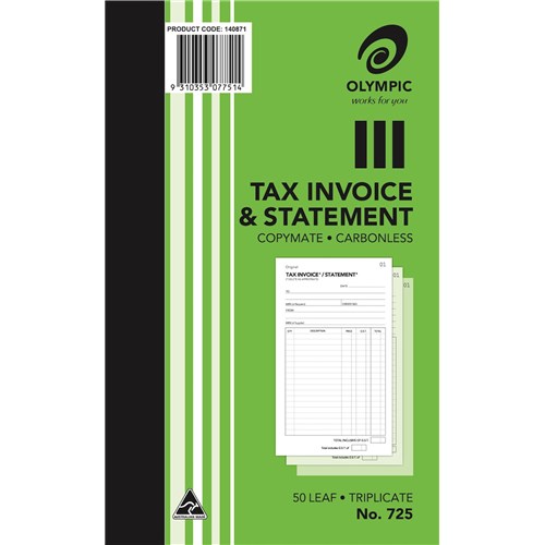 Olympic 725 Carbonless Book Triplicate 200x125mm Invoice Statement 50 Leaf